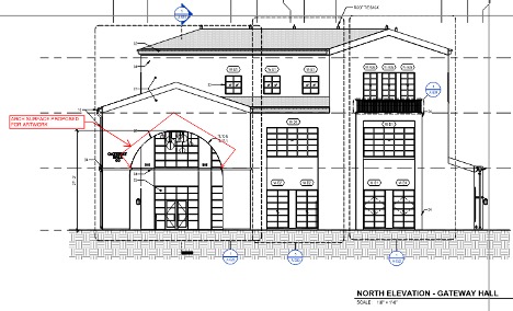 Architectural drawing of the north elevation of CSUCI's Gateway Hall, showing a detailed outline of the building's facade, windows, and designated areas for artistic installation.