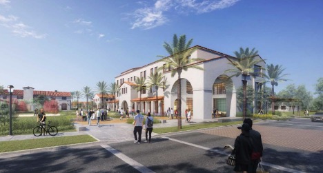 Illustration of CSUCI's Gateway Hall, showing a modern, Spanish-style building with arches, palm trees, and people walking and cycling in front of the entrance.